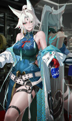 1girl absurdres animal_ears bare_shoulders beer_can belt black_shorts blue_shirt breasts can coat commentary covered_navel cowboy_shot drink_can feixiao_(honkai:_star_rail) forehead_jewel fox_ears fox_girl green_eyes gym highres holding holding_can honkai:_star_rail honkai_(series) indoors large_breasts leaning long_hair looking_at_viewer mirror mr_goblin off_shoulder parted_bangs parted_lips ponytail reflection shirt shorts sidelocks smile solo thigh_belt thigh_strap very_long_hair white_coat white_hair