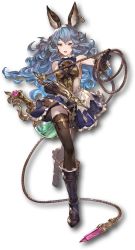 Rule 34 | 1girl, animal ears, bare shoulders, black footwear, black gloves, black thighhighs, blue hair, boots, breasts, dress, earrings, erune, ferry (granblue fantasy), full body, gloves, granblue fantasy, granblue fantasy versus, highres, holding, holding weapon, jewelry, knee boots, long hair, looking at viewer, medium breasts, minaba hideo, official art, open mouth, short dress, simple background, sleeveless, solo, standing, thighhighs, turtleneck, weapon, whip, white background, yellow eyes, zettai ryouiki