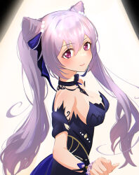 Rule 34 | 1girl, absurdres, bare shoulders, black background, black choker, black dress, blush, breasts, choker, cleavage, commentary request, cone hair bun, diamond-shaped pupils, diamond (shape), double bun, dress, from side, genshin impact, hair bun, hair ornament, hand up, highres, keqing (genshin impact), keqing (opulent splendor) (genshin impact), long hair, looking at viewer, looking to the side, medium breasts, official alternate costume, pearl hair ornament, purple dress, purple eyes, purple hair, purple pupils, smile, solo, strapless, strapless dress, symbol-shaped pupils, twintails, upper body, user tznu7345, white background