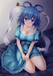 Rule 34 | 1girl, absurdres, bad id, bad pixiv id, bed, blue dress, blue hair, blush, breasts, breath, cleavage, commentary request, dress, flower, full body, hair between eyes, hair ornament, hair rings, hair stick, head tilt, highres, indoors, kaku seiga, leaf, looking at viewer, medium breasts, nose blush, open mouth, pink flower, puffy short sleeves, puffy sleeves, seiza, shawl, short hair, short sleeves, sitting, socks, solo, suigetsu (watermoon-910), sweat, thighs, touhou, v arms, white socks