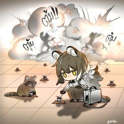 Rule 34 | animal, animal ear fluff, animal ears, arknights, artist name, black footwear, black pants, black table, brown hair, chibi, commentary, ear piercing, english commentary, explosion, explosive, gameplay mechanics, highres, long hair, mine (weapon), pants, piercing, ponytail, raccoon, raccoon ears, raccoon girl, raccoon tail, robin (arknights), shirt, smoke, squatting, tail, thai text, white shirt, yellow eyes
