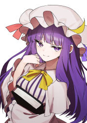 Rule 34 | 1girl, ascot, blunt bangs, book, hat, highres, long hair, looking at viewer, mob cap, one-hour drawing challenge, patchouli knowledge, purple eyes, purple hair, simple background, smile, solo, touhou, upper body, wanko sora, white background, wide sleeves, yellow ascot