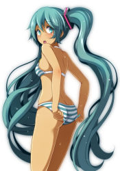 Rule 34 | 1girl, :o, adjusting clothes, adjusting swimsuit, alternate skin color, aqua eyes, aqua hair, ass, bad id, bad pixiv id, bare arms, bare shoulders, bikini, blush, butt crack, cowboy shot, female focus, from behind, hatsune miku, long hair, looking at viewer, looking back, open mouth, simple background, solo, striped bikini, striped clothes, swimsuit, tan, tsukishiro saika, twintails, vocaloid, white background