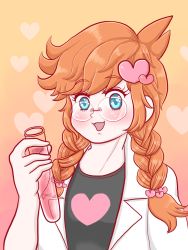 Rule 34 | 1girl, artist request, blush, braid, eyelashes, glasses, gradient background, hair ornament, heart, heart hair ornament, lab coat, looking at viewer, nintendo, open mouth, orange hair, penny crygor, smile, solo, test tube, twin braids, warioware