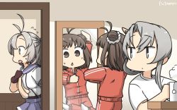 Rule 34 | 3girls, alternate costume, antenna hair, asymmetrical hair, brown eyes, brown hair, commentary request, cup, dated, double bun, flipped hair, green eyes, grey eyes, grey hair, hair bun, hair tie, hamu koutarou, highres, jacket, kantai collection, kinugasa (kancolle), looking at mirror, mirror, mug, multiple girls, naka (kancolle), necktie, nowaki (kancolle), one-hour drawing challenge, one side up, pants, pleated skirt, profile, purple sailor collar, purple skirt, red jacket, red pants, reflection, sailor collar, school uniform, serafuku, sheeeh!, shirt, short hair, skirt, standing, standing on one leg, swept bangs, t-shirt, track jacket, track pants, track suit, upper body, white shirt, yellow neckwear