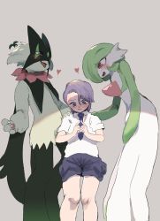 Rule 34 | 3boys, animal hands, blue necktie, blue shorts, blush, bob cut, body fur, claws, closed mouth, collared shirt, colored skin, creatures (company), florian (pokemon), from below, furry, furry male, game freak, gardevoir, gen 3 pokemon, green fur, green hair, green skin, grey background, hair between eyes, hair over one eye, half-closed eyes, hand on another&#039;s shoulder, hands up, happy, heart, heart-shaped pupils, height difference, highres, index fingers together, kajitsu ohima, leaning forward, looking at another, looking down, male focus, matching hair/eyes, meowscarada, multicolored skin, multiple boys, necktie, nervous, nintendo, nose blush, one eye covered, open mouth, own hands together, pawpads, pokemon, pokemon (creature), pokemon sv, purple hair, red eyes, school uniform, shirt, short hair, short shorts, short sleeves, shorts, simple background, sketch, smile, standing, symbol-shaped pupils, teeth, trap, two-tone fur, two-tone skin, white shirt, white skin