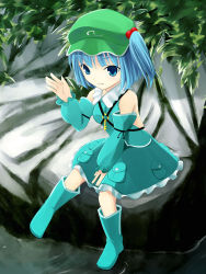 Rule 34 | 1girl, akai ronii, bad id, bad pixiv id, bare shoulders, blue eyes, blue hair, boots, detached sleeves, female focus, hair bobbles, hair ornament, hat, kawashiro nitori, key, matching hair/eyes, short hair, sitting, solo, touhou, twintails, two side up