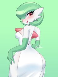 Rule 34 | 1girl, artist name, ass, back, backless dress, backless outfit, bare shoulders, blush, breasts, buutymon, clothed pokemon, colored skin, cowboy shot, creatures (company), dress, elbow gloves, female focus, from behind, game freak, gardevoir, gen 3 pokemon, gloves, green background, green gloves, green hair, green theme, hair over one eye, half-closed eyes, happy, highres, looking at viewer, looking back, medium breasts, nintendo, nose blush, one eye covered, open mouth, personification, pokemon, pokemon (creature), red eyes, short hair, side slit, signature, simple background, smile, solo, standing, strapless, strapless dress, transparent, white dress, white skin, wide hips