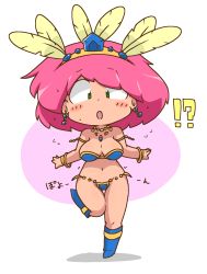Rule 34 | !?, 1990s (style), 1girl, :o, bad id, bad pixiv id, blush, blush stickers, breasts, chibi, cleavage, dancer, final fantasy, final fantasy v, full body, green eyes, highres, jewelry, kuto tubuyaki, large breasts, lenna charlotte tycoon, midriff, navel, open mouth, pink hair, retro artstyle, short hair, solo, standing, standing on one leg, surprised