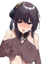 Rule 34 | 1girl, :o, absurdres, azur lane, bare shoulders, black hair, grabbing another&#039;s breast, breasts, breasts apart, breasts squeezed together, chen hai (azur lane), chen hai (vestibule of wonders) (azur lane), collarbone, commentary, detached sleeves, elbow gloves, eyelashes, flower, gloves, grabbing, grabbing own breast, hair flower, hair ornament, highres, large breasts, maanu, official alternate costume, open mouth, red eyes, sagging breasts, saliva, simple background, solo, swimsuit, tears, teeth, upper body, upper teeth only, white background, ||/