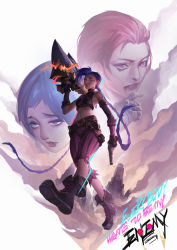Rule 34 | 2girls, absurdres, arcane: league of legends, arcane jinx, arcane vi, asymmetrical bangs, bandaged hand, bandages, brown footwear, child, english text, from below, grey background, grin, grossic, gun, handgun, highres, holding, holding gun, holding weapon, jinx (league of legends), league of legends, long hair, multiple girls, over shoulder, pants, pink hair, pink pants, pistol, powder (arcane), red eyes, red lips, rocket launcher, shoes, short hair, smile, solo focus, striped clothes, striped pants, teeth, very long hair, vi (league of legends), weapon, weapon over shoulder