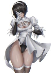 Rule 34 | 1girl, black hair, blindfold, breasts, cleavage, clothes lift, clothing cutout, commentary request, dark-skinned female, dark skin, dress, dress lift, feather trim, gloves, hairband, hand up, highleg, highres, holding, holding clothes, holding skirt, kurone rinka, leotard, leotard under clothes, lifted by self, long sleeves, medium breasts, mole, mole under mouth, nier:automata, nier (series), puffy sleeves, shiny skin, short dress, short hair, simple background, skirt, solo, thighhighs, thighs, turtleneck, white background, white dress, 2p (nier:automata)