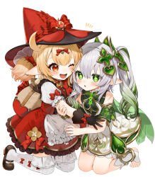 Rule 34 | 2girls, black gloves, blonde hair, bow, bow legwear, brown footwear, chestnut mouth, cross-shaped pupils, dress, full body, genshin impact, glove bow, gloves, gotou (nekocat), gradient hair, green eyes, green hair, grey hair, hair between eyes, hair bow, hat, hat bow, highres, klee (blossoming starlight) (genshin impact), klee (genshin impact), long hair, looking at another, multicolored hair, multiple girls, nahida (genshin impact), official alternate costume, one eye closed, open mouth, pointy ears, red bow, red dress, red eyes, red headwear, short sleeves, side ponytail, simple background, smile, stirrup footwear, symbol-shaped pupils, teeth, thighhighs, toeless footwear, twintails, vision (genshin impact), white background, white thighhighs, witch hat