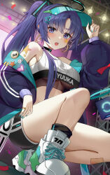 Rule 34 | 1girl, absurdres, alternate costume, black jacket, black shorts, blue archive, blush, breasts, clothes writing, commentary, drone, earrings, gonggo, halo, highres, hoop earrings, jacket, jewelry, long hair, long sleeves, looking at viewer, mechanical halo, medium breasts, open mouth, purple eyes, purple hair, shoes, shorts, sneakers, solo, star (symbol), visor cap, white footwear, yuuka (blue archive)