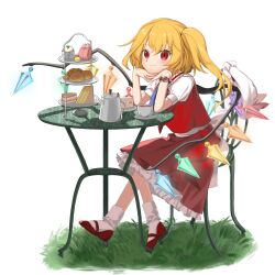 Rule 34 | 1girl, ascot, back bow, blonde hair, blue ascot, blush, bow, bun (food), cake, chair, closed mouth, collared dress, croissant, crystal, cup, dress, flandre scarlet, food, frills, grass, hair between eyes, hands up, hat, hat ribbon, highres, keiki8296, kettle, looking at viewer, mob cap, multicolored wings, no headwear, one side up, plate, puffy short sleeves, puffy sleeves, red eyes, red footwear, red ribbon, red skirt, red vest, ribbon, shadow, shoes, short hair, short sleeves, simple background, sitting, skirt, skirt set, smile, socks, solo, table, tea, touhou, vest, watch, white background, white bow, white dress, white hat, white socks, wings