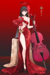 1girl absurdres alternate_costume bare_shoulders black_hair blue_archive blush breasts cello choker commentary_request dishwasher1910 dress elbow_gloves full_body gloves hair_ornament halo highres instrument large_breasts long_hair looking_at_viewer navel parted_lips red_background red_choker red_dress red_eyes red_gloves rio_(blue_archive) simple_background single_glove solo standing thighs