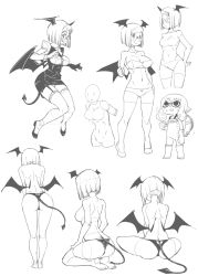 Rule 34 | 1girl, arm at side, ass, back, bob cut, bra, breasts, cleavage, clenched hand, demon tail, demon wings, framed breasts, from behind, garter straps, glasses, greyscale, head wings, inkling, inkling girl, inkling player character, juliet sleeves, koakuma, leaning forward, long sleeves, maru-sun, medium breasts, monochrome, multiple views, nape, navel, nintendo, panties, pencil skirt, puffy sleeves, salmon run (splatoon), shoes, short hair, sitting, skirt, smile, splatoon (series), tail, thighhighs, thong, touhou, underwear, underwear only, wariza, wings, wrist cuffs
