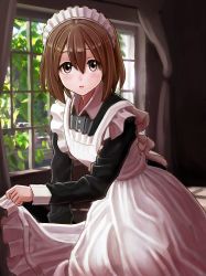 Rule 34 | 1girl, absurdres, alternate costume, apron, apron lift, black dress, blush, brown eyes, brown hair, closed mouth, clothes lift, collar, commentary request, dress, frilled apron, frills, hair between eyes, hair ornament, hairclip, highres, hirasawa yui, indoors, k-on!, kotatsumuri (yaugau), long sleeves, looking at viewer, maid, maid headdress, short hair, solo, white apron, white collar, window