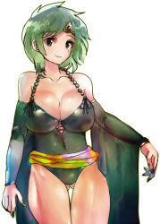 Rule 34 | 1girl, breasts, byte (grunty-hag1), cleavage, closed mouth, commentary request, detached sleeves, final fantasy, final fantasy iv, gluteal fold, green eyes, green hair, large breasts, long hair, looking at viewer, nail polish, aged up, rydia (ff4), simple background, smile, solo, thighhighs, white background