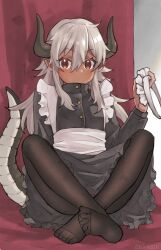 1girl apron black_dress black_pantyhose buttons dark-skinned_female dark_skin dragon_girl dragon_horns dragon_tail dress feet grey_hair hair_between_eyes holding_headdress horns long_hair long_sleeves looking_at_viewer maid_apron maid_headdress original pantyhose pointy_ears shirasu_udon signature sitting solo spread_toes tail toes unworn_headwear