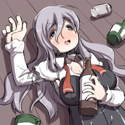 Rule 34 | 10s, 1girl, ascot, bad id, bad pixiv id, bottle, breasts, drunk, grey eyes, grey hair, kantai collection, large breasts, long hair, lying, open clothes, open mouth, open shirt, pola (kancolle), shirt, u-non (annon&#039;an)