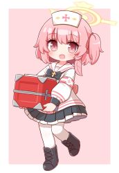 Rule 34 | 1girl, :d, black bow, black bowtie, black footwear, blue archive, boots, border, bow, bowtie, box, dress, full body, halo, hat, highres, holding, holding box, long sleeves, looking at viewer, naga u, nurse, nurse cap, open mouth, pink background, pink eyes, pink hair, sailor collar, serina (blue archive), short hair, side ponytail, simple background, smile, solo, thighhighs, white border, white dress, white thighhighs