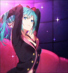 Rule 34 | 1girl, adjusting hair, alternate hairstyle, aqua hair, arms up, black bra, black jacket, blue eyes, bow, bra, butterfly hair ornament, closed mouth, couch, hair ornament, hakusai (tiahszld), hatsune miku, honey whip (module), jacket, long hair, looking at viewer, looking to the side, pink bow, project diva (series), project diva f, sideways glance, smile, solo, sparkle, sweet devil (vocaloid), underwear, upper body, vocaloid