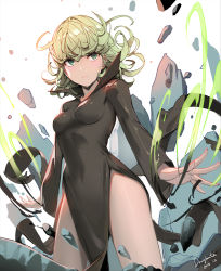 Rule 34 | 1girl, absurdres, bare legs, black dress, breasts, concrete, curly hair, dress, floating rock, green eyes, green hair, highres, matching hair/eyes, one-punch man, short hair, small breasts, solo, standing, tatsumaki, telekinesis, ting chan