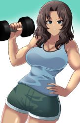 Rule 34 | 1girl, absurdres, aikir (jml5160), bare shoulders, blue eyes, blue tank top, breasts, brown hair, cleavage, commission, dark-skinned female, dark skin, dumbbell, el (girls und panzer), exercising, girls und panzer, girls und panzer saishuushou, gradient background, green shorts, hand on own hip, highres, large breasts, looking at viewer, medium hair, muscular, muscular female, pixiv commission, shiny skin, short shorts, shorts, solo, tank top, weightlifting
