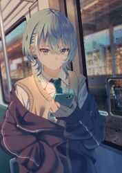 Rule 34 | 1girl, alternate costume, alternate hairstyle, blue eyes, blue hair, blurry, blurry background, breasts, cellphone, closed mouth, commentary request, earbuds, earphones, earrings, green necktie, hair between eyes, hand in pocket, highres, holding, holding phone, hololive, hoshimachi suisei, jacket, jewelry, light frown, looking at viewer, loose necktie, maria onnette, necktie, off shoulder, open clothes, open jacket, partially unzipped, phone, school uniform, shirt, short hair, small breasts, smartphone, solo, star (symbol), star in eye, sweater vest, symbol in eye, train interior, virtual youtuber, water drop, white shirt, window, yellow sweater vest