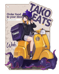 Rule 34 | 1girl, bag, black footwear, black jacket, blonde hair, blue eyes, blush, commentary, english text, full body, hands up, helmet, highres, hololive, hololive english, jacket, long sleeves, looking at viewer, motor vehicle, multicolored hair, ninomae ina&#039;nis, purple hair, purple headwear, ranyu, riding, scooter, shoes, short shorts, shorts, sitting, solo, streaked hair, symbol-only commentary, takodachi (ninomae ina&#039;nis), tentacles, uber eats, virtual youtuber