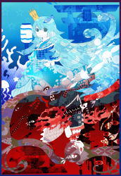 Rule 34 | 2girls, absurdres, argyle, asa no ha (pattern), bandaged head, bandages, bare shoulders, blood, blood on face, bloody tears, blue eyes, blue gemstone, blue hair, blue theme, brown hair, cherry blossoms, chest belt, choker, contrast, coral, crown, dingdang, dress, eel, evil grin, evil smile, expressionless, fish, fish hair ornament, framed, frills, funamusea, gem, grin, hair ornament, hair over one eye, halftone, hands on stomach, highres, japanese clothes, jellyfish, jitome, kikumon, kimono, lantern, long hair, looking at viewer, mikotsuhime, mikotsuhime (funamusea), multiple girls, oounabara to wadanohara, red theme, rotational symmetry, sayagata, sea anemone, shippou (pattern), siblings, sisters, skeleton, skeleton hair ornament, slit pupils, smile, solid eyes, squid, star (symbol), striped, tentacles, textured hair, torii, uomihime, upper body, upside-down, very long hair, wrist cuffs, yagasuri