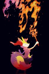 Rule 34 | 1girl, animal ear fluff, animal ears, animal hands, animal nose, arm up, black background, black fur, braixen, breasts, closed eyes, closed mouth, creatures (company), embers, female focus, fire, fox ears, fox girl, fox tail, from behind, furry, furry female, game freak, gen 6 pokemon, hand up, happy, highres, holding, holding stick, multicolored fur, nintendo, pink fire, pokemon, pokemon (creature), pyrokinesis, simple background, small breasts, smile, snout, solo, standing, stick, tail, u u, white fur, wulie errr, yellow fur