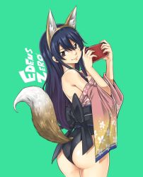 Rule 34 | 1girl, animal ears, ass, black hair, breasts, brown eyes, copyright name, eden&#039;s zero, fox ears, fox tail, green background, hair between eyes, highres, homura kogetsu, japanese clothes, large breasts, long hair, looking at viewer, mashima hiro, mole, mole under eye, no bra, official art, smile, solo, tail, very long hair