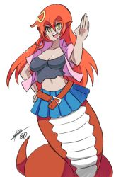 Rule 34 | 10s, 1girl, bad id, bad tumblr id, belt, bigdead, breasts, cleavage, fang, hair ornament, hairclip, hand on own hip, highres, lamia, long hair, midriff, miia (monster musume), monster girl, monster musume no iru nichijou, navel, orange hair, pointy ears, scales, signature, simple background, skirt, slit pupils, solo, very long hair, vest, waving, white background, yellow eyes