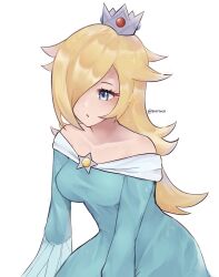 Rule 34 | 1girl, bare shoulders, blonde hair, blue dress, blue eyes, breasts, commentary, crown, dress, highres, long hair, long sleeves, mario (series), medium breasts, mini crown, nintendo, off-shoulder dress, off shoulder, parted lips, purrlucii, rosalina, simple background, solo, super mario galaxy, upper body, very long hair, white background