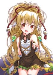Rule 34 | 1girl, :d, animal ears, bad id, bad pixiv id, bare shoulders, blonde hair, blush, brown dress, commentary request, dress, glint, granblue fantasy, hair between eyes, hair ornament, hair ribbon, harvin, head tilt, highres, holding, long hair, looking at viewer, mahira (granblue fantasy), open mouth, pointy ears, red eyes, red ribbon, ribbon, short dress, sitting, sleeveless, sleeveless dress, smile, solo, tsukiman, very long hair, white background, wrist cuffs