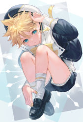 Rule 34 | 1boy, alternate costume, black footwear, blonde hair, blue eyes, blue jacket, child, commentary, commentary request, frilled shorts, frills, full body, hair between eyes, hair ornament, hairclip, hand up, hat, highres, invisible chair, jacket, kagamine len, knees to chest, leaning forward, legs, long sleeves, male focus, nail polish, ribbon, sailor hat, shadow, shinotarou (nagunaguex), short hair, shorts, sitting, socks, solo, thighs, vocaloid, white socks, yellow nails, yellow ribbon