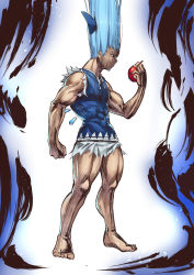 Rule 34 | 1boy, abs, apple, asutora, aura, bare arms, barefoot, blue background, blue bow, blue eyes, blue hair, blue vest, bow, cirno, clenched hand, commentary request, cosplay, food, forehead, fruit, full body, genderswap, genderswap (ftm), gon-san, gon freecss, gradient background, hair bow, hair raising, hand up, highres, holding, holding food, holding fruit, hunter x hunter, ice, ice wings, long hair, male focus, muscular, parody, profile, shirt, sleeveless, sleeveless shirt, solo, torn clothes, touhou, very long hair, vest, white background, white shirt, wings