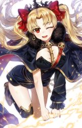 Rule 34 | 1girl, black cape, blonde hair, breasts, cape, commentary request, earrings, ereshkigal (fate), fate/grand order, fate (series), floating hair, fur-trimmed cape, fur trim, gijang, hair ribbon, jewelry, leg up, light particles, long hair, medium breasts, one eye closed, open mouth, red eyes, red ribbon, ribbon, simple background, single sleeve, skull, solo, tiara, tohsaka rin, twintails, white background