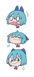 Rule 34 | &gt; &lt;, 0 0, 1girl, blue bow, blue hair, blush, bow, cirno, citrus (place), closed mouth, crying, expressions, fang, hair bow, open mouth, simple background, smug, solid oval eyes, surprised, tears, touhou, wavy mouth, white background