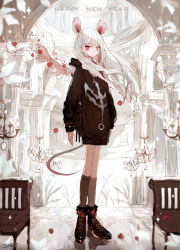 Rule 34 | 1girl, animal ears, ankle boots, arch, architecture, artist name, bangle, black hoodie, black socks, boots, bracelet, chair, chandelier, chinese zodiac, commentary, cross-laced footwear, english commentary, extra ears, flower, full body, greco-roman architecture, happy new year, hood, hood down, hoodie, indoors, jewelry, kneehighs, lace-up boots, leaf, long hair, long hoodie, long sleeves, looking at viewer, mouse ears, mouse tail, new year, original, pillar, qtonagi, red eyes, rose, socks, solo, sparkle, standing, striped clothes, striped socks, tail, white hair, year of the rat