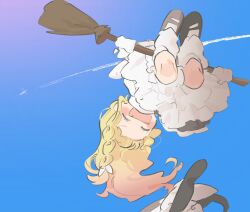Rule 34 | 1girl, aircraft, airplane, black footwear, black hat, bloomers, blue background, bow, braid, broom, broom riding, closed eyes, contrail, fang, gloves, hair bow, hat, hat bow, highres, kirisame marisa, open mouth, shoes, single braid, smile, sobamushi mo, socks, solo, touhou, underwear, unworn hat, unworn headwear, upside-down, white bow, white gloves, white socks, witch hat