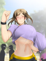 Rule 34 | 1girl, 2others, blurry, blurry background, bouncing breasts, breasts, brown hair, chikuwabu (yokowokazuaki), closed eyes, closed mouth, cloud, covered erect nipples, frown, highres, huge breasts, idolmaster, idolmaster cinderella girls, jogging, long hair, midriff, motion blur, mukai takumi, multiple others, navel, no bra, notice lines, outdoors, running, sky, solo focus, standing, tears, unaligned breasts, underboob, watch