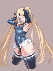 Rule 34 | 1girl, 9is, abigail williams (fate), absurdres, armpits, arms up, black ribbon, blonde hair, blue eyes, blue leotard, blue one-piece swimsuit, blue thighhighs, breasts, brown background, casual one-piece swimsuit, cosplay, dead or alive, dead or alive 5, dead or alive xtreme, elbow gloves, fate/grand order, fate (series), frilled leotard, frilled swimsuit, frilled thighhighs, frills, gloves, hair ornament, hair ribbon, highres, keyhole, leotard, long hair, looking at viewer, marie rose, marie rose (cosplay), marie rose (devilish servant against the splashing waves), one-piece swimsuit, ribbon, simple background, small breasts, solo, swimsuit, thighhighs, twintails, very long hair, x hair ornament