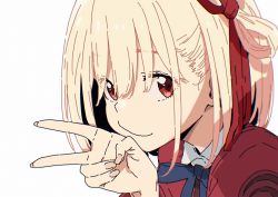 Rule 34 | 1girl, blonde hair, looking at viewer, lycoris recoil, nishikigi chisato, red eyes, smile, solo, v, v over mouth, white background