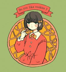 Rule 34 | 1girl, bad id, bad twitter id, black hair, blush, bow, collared dress, cookie, dress, english text, food, green background, green eyes, hair bow, highres, holding, holding cookie, holding food, long sleeves, looking at viewer, orange bow, original, puffy long sleeves, puffy sleeves, red dress, sakura szm, short hair, smile, solo