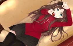 Rule 34 | 1girl, black ribbon, black skirt, black thighhighs, bow, brown hair, couch, dutch angle, expressionless, fate/stay night, fate (series), gem, green eyes, hair bow, hair ribbon, highres, jewelry, long hair, looking at viewer, lying, massiro nekorin, necklace, on back, ribbon, skindentation, skirt, solo, sweater, thighhighs, thighs, tohsaka rin, turtleneck, turtleneck sweater, twintails, ufotable, unworn jewelry, unworn necklace