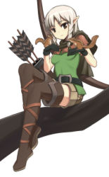 Rule 34 | 1girl, arrow (projectile), belt, black gloves, boots, bow (weapon), braid, brown eyes, caryo, chipmunk, cloak, dragon&#039;s crown, elf, elf (dragon&#039;s crown), gloves, in tree, long hair, nanashino, pointy ears, quiver, shorts, silver hair, simple background, sitting, sitting in tree, smile, solo, squirrel, thigh boots, thighhighs, tree, twin braids, weapon, white background, zettai ryouiki