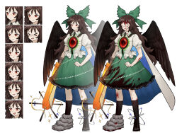 Rule 34 | 1girl, arm cannon, as-zero, blood, blood on clothes, boots, bow, brown hair, cape, closed eyes, collared shirt, expressions, full body, gem, green bow, green skirt, hair bow, library of ruina, long hair, multiple views, open mouth, project moon, puffy short sleeves, puffy sleeves, red gemstone, reiuji utsuho, shirt, short sleeves, simple background, single boot, skirt, touhou, very long hair, weapon, white background, white cape, white shirt